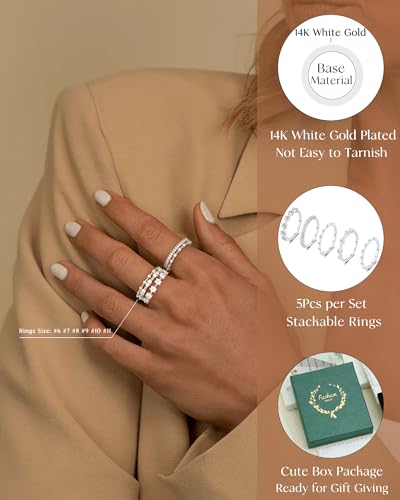 FUNEIA Stackable Silver Gold Rings for Women Non Tarnish 14K Gold Plated Thumb Cubic Zirconia Rings for Women Dainty Pinky Promise Wedding Ring Set Women's Engagement Eternity Band Rings Gold Jewelry - color: A-Silver Ring Set
