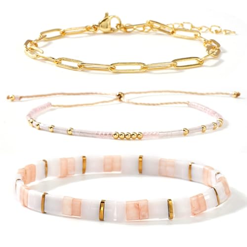 Boho 3Pcs Tila Flat Seed Beads Stack Bracelets Set for Women, Romantic Handmade Cute Gold Plated Paperclip Link Colorful Glass Ball Stretch Accessories Jewelry, Party Friendship Gift - color: Peach