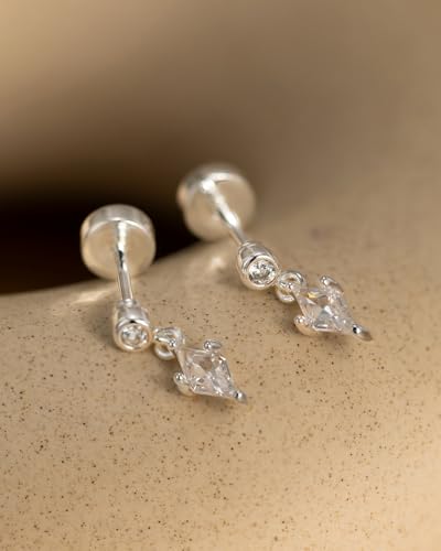 Flat Back Earrings for Women Cartilage Helix | Comfortable Dainty Cute Dragon Bee Bird Phoenix Dragonfly Cute Animal Leaf Spiral Rhombus Design Flatback Stud Earrings - color: silver dangle