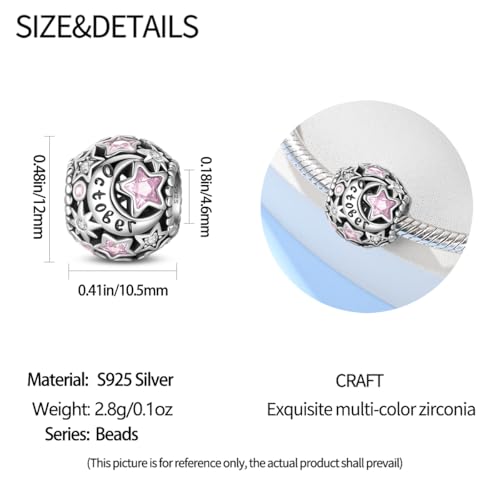 Star Moon 925 Sterling Silver Birthstone Charm for Bracelet Women Jewelry - color: October