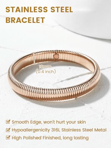 KeyStyle Bangle Bracelets For Women, Stainless Steel Stretch Bracelet Wide | 14K Gold/Rose Gold/Black/Silver Plated Flexible Wide Twisted Link Chain Wristband Jewelry, 10Mm, 16Mm, 20Mm - color: 10mm - Rose Gold