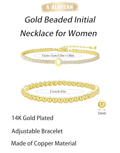 14K Gold Plated Bracelets for Women Dainty Tennis Initial Bracelet Trendy Beaded Stackable Charm Bracelets Layered Waterproof Bracelet Dainty Bracelet for Women Jewelry Gifts - style: C