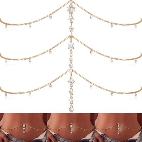 Hicarer 3 Pieces Crystal Belly Ring with Chain Rhinestone Waist Body Chain Bikini Belly Jewelry Beach Accessories Jewelry for Women Adults - color: Gold, style: Attractive Style