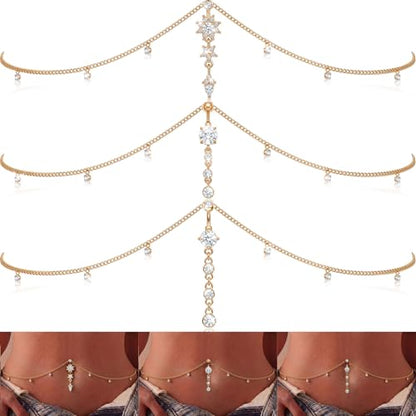Hicarer 3 Pieces Crystal Belly Ring with Chain Rhinestone Waist Body Chain Bikini Belly Jewelry Beach Accessories Jewelry for Women Adults - color: Gold, style: Attractive Style