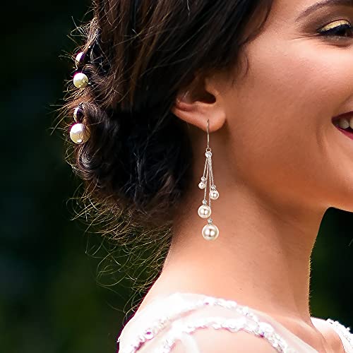 EleQueen Women's Silver-tone Crystal Simulated Pearl 4 Chain Bridal Long Dangle Hook Earrings Ivory Color - color: A-Silver-tone