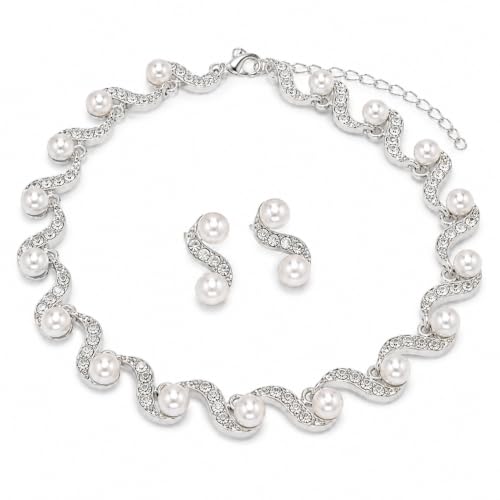 Wavy Pearl Necklace for Women, Rhinestone Crystal Accented Faux Pearl Choker Jewelry Set, Adjustable Statement Necklace for Party Wedding Anniversary