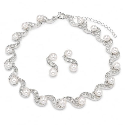 Wavy Pearl Necklace for Women, Rhinestone Crystal Accented Faux Pearl Choker Jewelry Set, Adjustable Statement Necklace for Party Wedding Anniversary