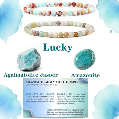 4mm 6mm 8mm Healing Crystal Bracelets for Women Men Natural Stone Beaded Stretch Bracelet Handmade Gemstone Reiki Spiritual Jewelry Gifts - color: Amazonite+Agalmatolite Jasper-Lucky, size: 4mm