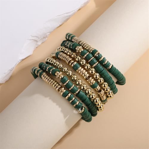 Heishi Clay Bead Bracelets Pack for Women Boho Friendship Stretch Bracelets Set Stackable Gold Beads Bracelets Jewelry for Gift - color: green