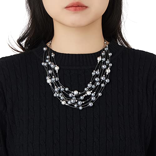FULU AUTUMN Layered Pearl Necklace Multi-strand Pearl Choker Necklaces for Women Beaded jewelry for Wedding Parties - color: 37-Grey