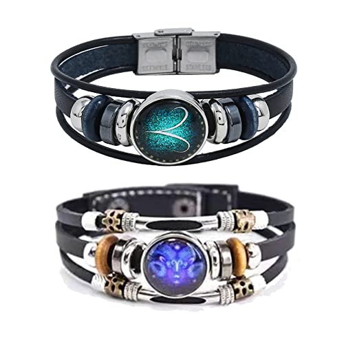2Pcs Multilayer Constellation Zodiac Leather Bracelet Handmade Woven Zodiac Sign Wrap Bracelet Wristband for Women Men Jewelry Birthday Gift - color: D:Aries(3/21 - 4/20)