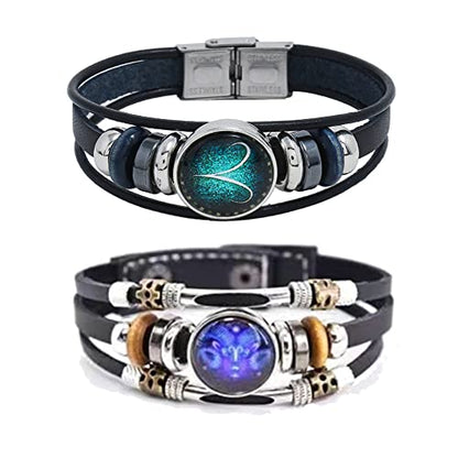 2Pcs Multilayer Constellation Zodiac Leather Bracelet Handmade Woven Zodiac Sign Wrap Bracelet Wristband for Women Men Jewelry Birthday Gift - color: D:Aries(3/21 - 4/20)