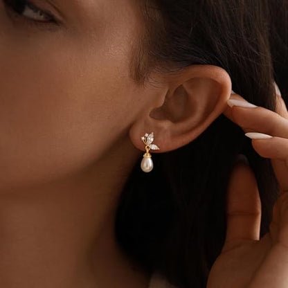 Pearl Earrings for Women:Gold Wedding Dangle Drop Earring Pearl Jewelry | 14K Gold Plated Pearl Drop Earrings for Women,Dainty Wedding Bride Earring Studs,Gold Dangle Drop Earring,Waterproof Jewelry - size: 1 pcs-16