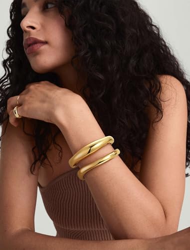 8YEARS Chunky Gold Bangle Bracelets for Women, 14k Gold Plated | Cuff Bangles, Stack Bracelet Set, Wide Trendy Fashion, Jewelry Gifts - color: B-Gold-2PCS
