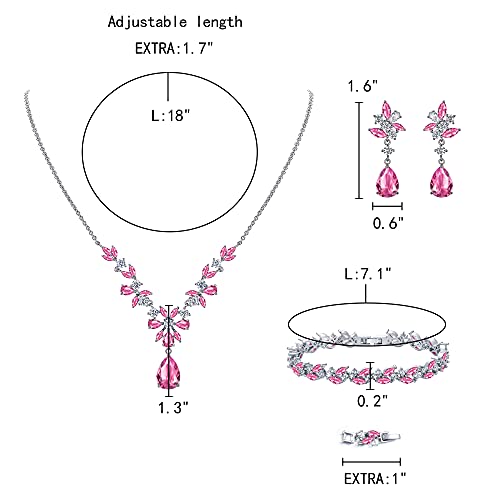 EleQueen Women's Wedding Bridal Jewelry Set for Brides Bridesmaids, Silver/14K Gold/Rose Gold Plated Cubic Zirconia Teardrop Necklace Dangle Earrings Bracelet Sets for Party Prom - color: 07-Pink Color-Necklace+Earrings+Bracelet