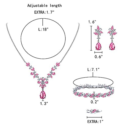 EleQueen Women's Wedding Bridal Jewelry Set for Brides Bridesmaids, Silver/14K Gold/Rose Gold Plated Cubic Zirconia Teardrop Necklace Dangle Earrings Bracelet Sets for Party Prom - color: 07-Pink Color-Necklace+Earrings+Bracelet