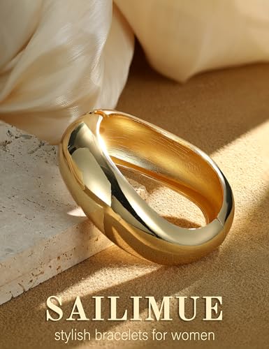 sailimue Chunky Gold Bracelets for Women Non Tarnish Bangles 4 Pcs | 16K Gold Plated Cuff Bracelets Stack Hinged Open Bangle Trendy Jewelry Gifts - style: Style A