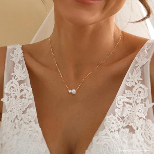 Gold Pearl Necklaces for Women - White Pearls Jewelry Gifts Wedding Bride Bridesmaid Jewelry - color: Gold-Two Pearl A