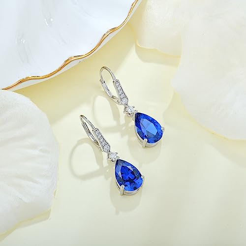 Women 925 Sterling Silver Birthstone Teardrop Leverback Drop Dangle Earrings 8 * 12mm 5A Cubic Zirconia Jewelry for Her - color: September,Sapphire Color