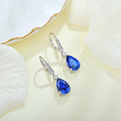 Women 925 Sterling Silver Birthstone Teardrop Leverback Drop Dangle Earrings 8 * 12mm 5A Cubic Zirconia Jewelry for Her - color: September,Sapphire Color