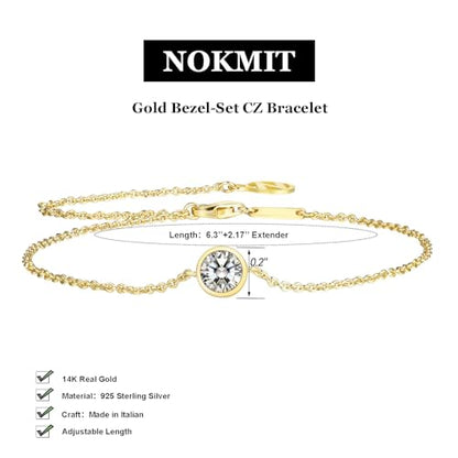 Solid 925 Sterling Silver Bracelets for Women, Dainty Interlocking Circles Cubic Zirconia Adjustable Chain Bracelet, Trendy Stackable Link Bracelets, Simple Cute Jewelry Gifts - color: Gold Bezel-Set CZ