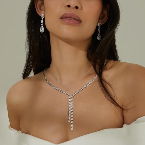 STONEFANS Long Tennis Necklaces for Women - Dainty Silver Lariat Necklace Rhinestone Y Shaped Drop Necklace Cute Choker Necklaces for Women Trendy Silver Prom Jewelry Gifts - color: Silver-Gem