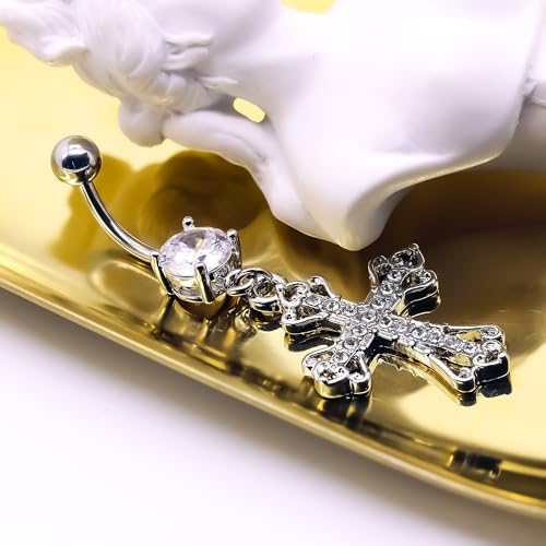 VERAMI 14G 316L Celtic Cross Belly Button Ring Surgical Steel Paved Gems Dangling Belly Button Ring Body Piercing Jewelry - color: Silver:C-6