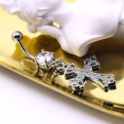 VERAMI 14G 316L Celtic Cross Belly Button Ring Surgical Steel Paved Gems Dangling Belly Button Ring Body Piercing Jewelry - color: Silver:C-6