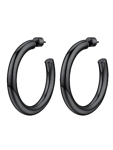 PROSTEEL Chunky Hoop Earrings for Women 14K Gold Plated/Black/Silver | 20/30/40/50/60/70/80mm Stainless Steel Thick Big Round Hoop with Waterproof and Non Tarnish Trendy Jewelry with Gift Box - color: 2. Black, size: 40MM
