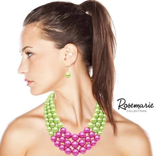 Rosemarie & Jubalee Women's 3 Colorful Multi Strands Simulated Pearl Necklace And Earrings Jewelry Gift Set, 18"+3" Extender - color: Green With Fuchsia Pink Gold Tone