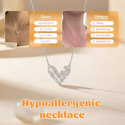 Cubic Zirconia Heart Pendant Necklace, 14K Gold Plated Pave Heart Necklace for Women, Faux Diamond Heart Pendant Necklace, Valentine’s Day, Birthday & Anniversary - color: X-4645 White Gold