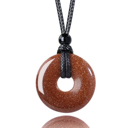 Anjiucc Natural Gemstone Pendant Necklce Lucky Coin Crystal Necklace Donut Pendnat with Adjustable Rope Healing Crystal for Men - color: Golden Sandstone