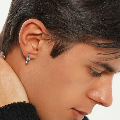 Iced Out Hoop Earrings Cubic Zirconia Huggie Cartilage Cuff Hypoallergenic 14K Gold Plated Luxury Fashion Round Circle Earrings For Men Women - color: 02 SilverBlack