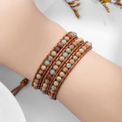 Plumiss Women Boho Handmade Natural Stone Crystal Leather Bead Wrap Bracelets Collection - style: 4mm Agalmatolite 3W