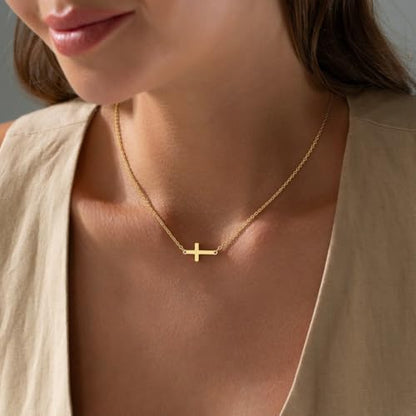 Cross Necklace for Women Dainty Small Cross Pendant Choker 14K Gold Plated Simple Trendy Cute Cross Charm Chain Necklace Easter Baptism Religious Faith Jewelry Gift - color: Sideways Cross-GD