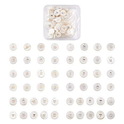 Craftdady 104pcs Freshwater Shell Alphabet Pendants Flat Round White Shell with A-Z Letter Bead Charms 11-11.5mm for Name Bracelets Necklaces Earrings Jewelry Crafts Making - color: Golden & Platinum Letter