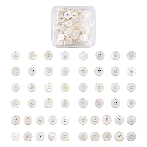Craftdady 104pcs Freshwater Shell Alphabet Pendants Flat Round White Shell with A-Z Letter Bead Charms 11-11.5mm for Name Bracelets Necklaces Earrings Jewelry Crafts Making - color: Golden & Platinum Letter