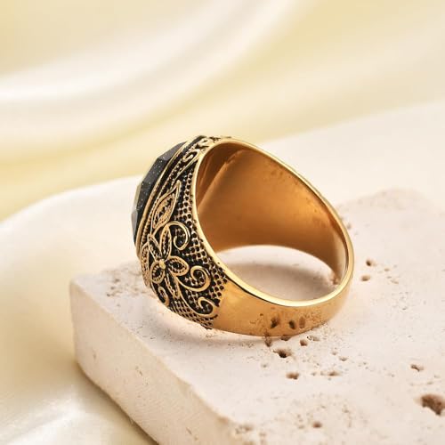 Retro Large Tiger Eye Stone Turquoise Wedding Ring For Men Classical Gothic Stainless Steel Rings - color: Gold-Black