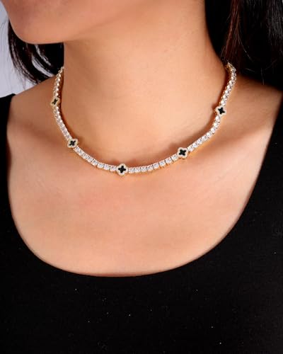 LuxeFlex 4mm Iced Out Four Leaf Tennis Chain,White Gold Plated with 5A Zircon Stones, exquisite Handmade Hip Hop Bling Necklace Perfect Unisex Jewelry Gift - color: Gold, size: 20 INCH