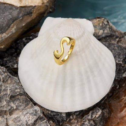 Cicy Bell Initial Rings for Women 18k Gold Plated Adjustable Rings | Open Signet Rings, Bold Letter, Personalized Engraved, For Party - color: Initial-S