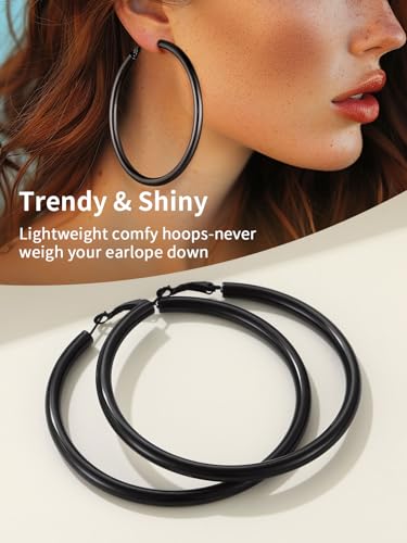 FindChic Hoop Earrings for Women, Silver/Black/14K Gold Plated Hypoallergenic Hollow Round Tube Loop Earrings, 20mm/30mm/40mm/60mm/80mm Chunky Hoops with Custom Name Options & Gift Box - color: a.Black, size: 80MM