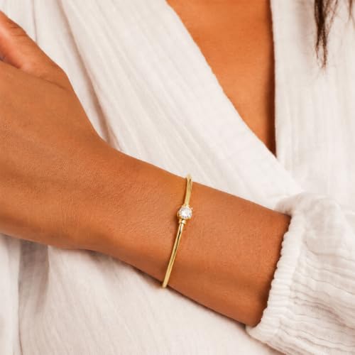 Gold Cuff Bracelets for Women, 14K Gold Plated Dainty Open CZ Cuff Bracelet Adjustable Stackable Open Bangle Bracelet Birthday Jewelry Gift for Her - color: Round CZ-Gold