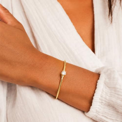 Gold Cuff Bracelets for Women, 14K Gold Plated Dainty Open CZ Cuff Bracelet Adjustable Stackable Open Bangle Bracelet Birthday Jewelry Gift for Her - color: Round CZ-Gold