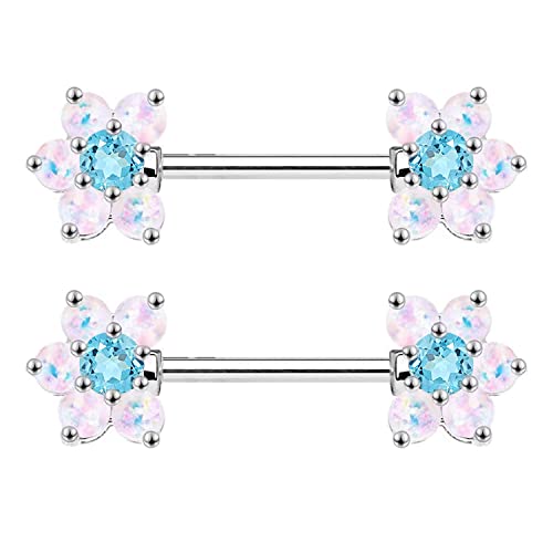 14G Opal Flower CZ Nipple Barbell Nipple Ring Piercing Jewelry for Women - color: silver blue