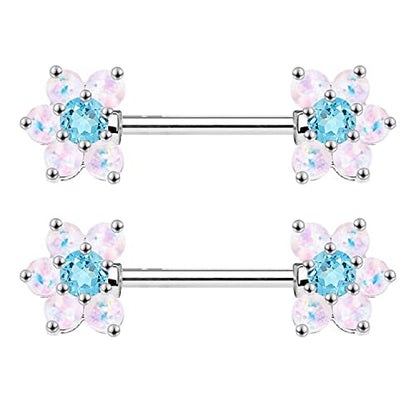 14G Opal Flower CZ Nipple Barbell Nipple Ring Piercing Jewelry for Women - color: silver blue