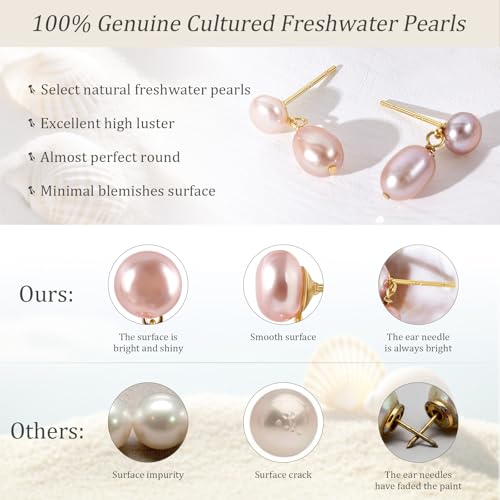Petite Pearl Drop Earrings for Women - Real Freshwater Cultured Pearls Collection, S925 Sterling Silver Hypoallergenic Posts, 18K Gold Plated Dainty Jewelry - color: Pink