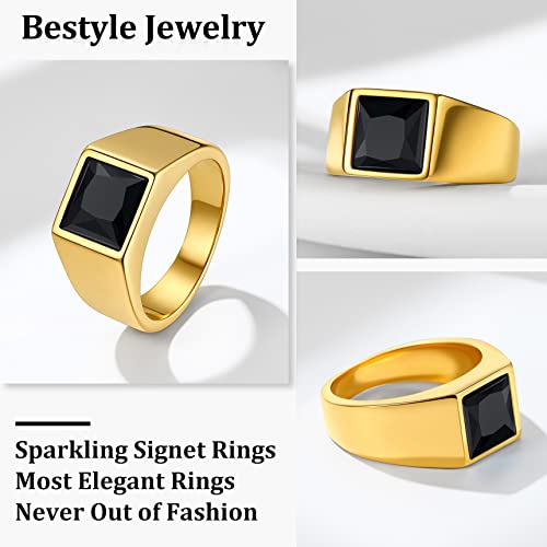 Bestyle Stainless Steel Men Signet Ring-Black/Blue Gemstone Band Ring-Classic Simple Thick Men Ring Size 7-14 - color: 01. 8MM Black Zircon - Gold