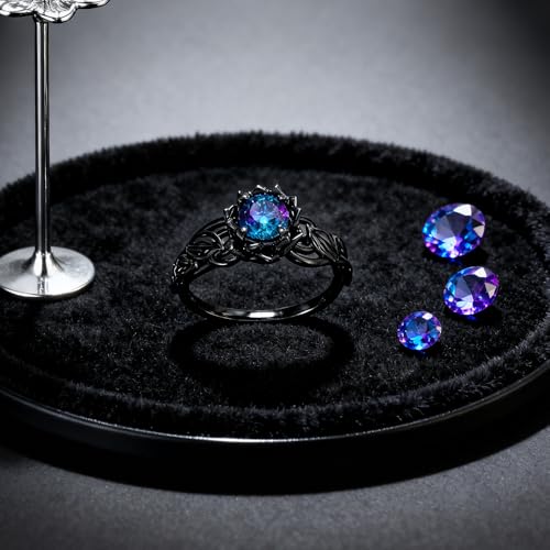Cubic Zirconia Rings For Women, Gothic Ring Black Flower Crystal Stackable Trendy Floral Eternity Travel Engagement Statement Wedding Birthday Jewelry Gift - color: Goth Black Colorful