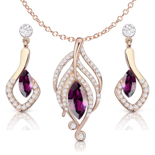 Crystals Simulated Purple Amethyst Set Pendant Necklace 18 inches Earrings 18K Rose Gold Plated for Women