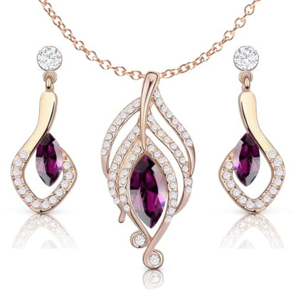 Crystals Simulated Purple Amethyst Set Pendant Necklace 18 inches Earrings 18K Rose Gold Plated for Women